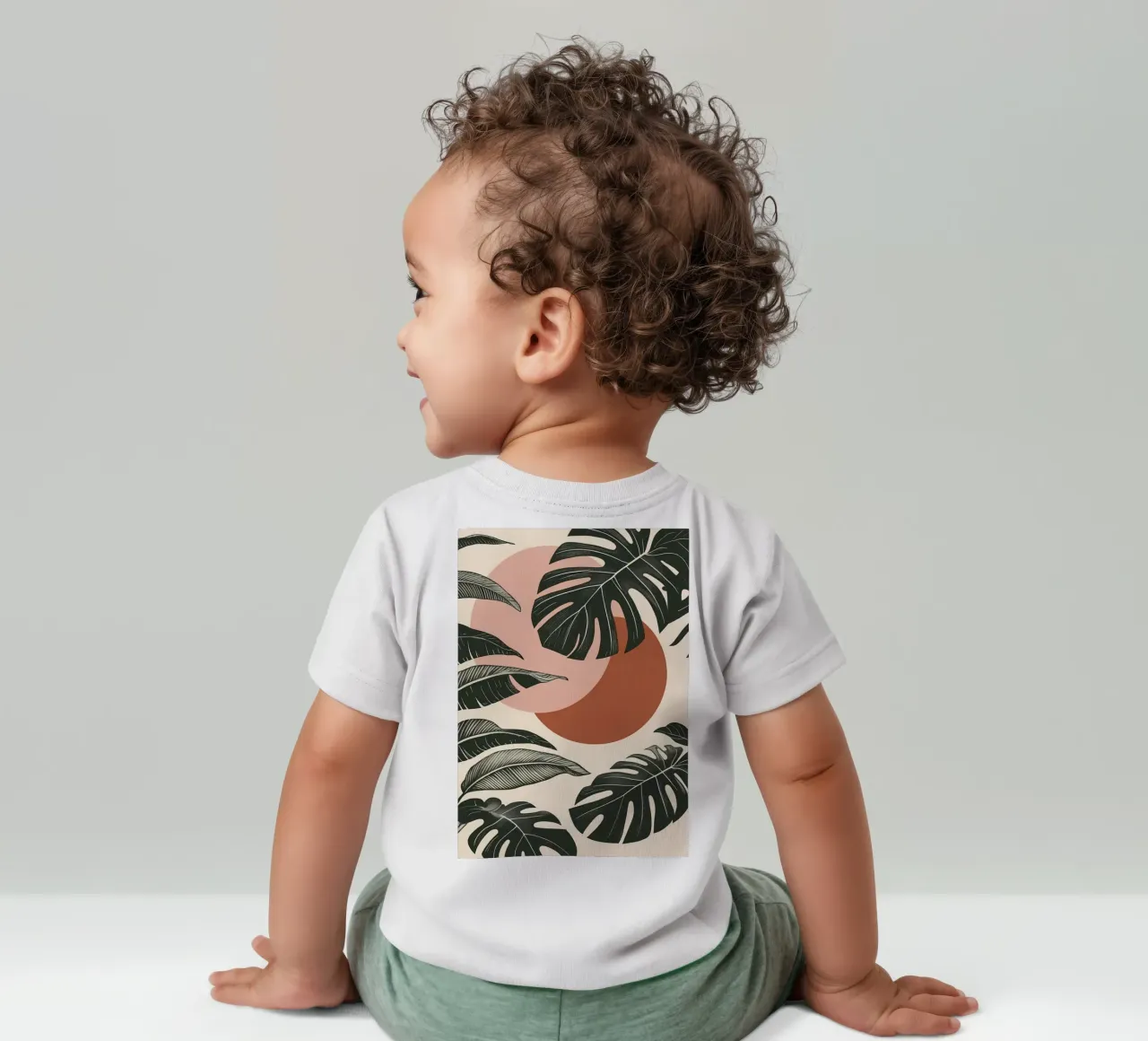 Foglie di Monstera tropicale con calde forme astratte di sole maglietta neonato da Bloom And Brush