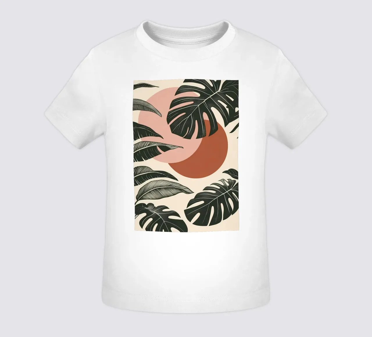 Foglie di Monstera tropicale con calde forme astratte di sole maglietta neonato da Bloom And Brush