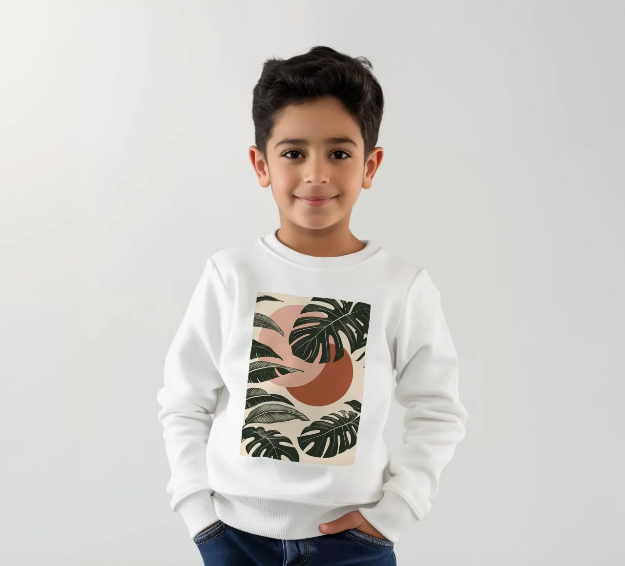 Foglie di Monstera tropicale con calde forme astratte di sole felpa bambino da Bloom And Brush