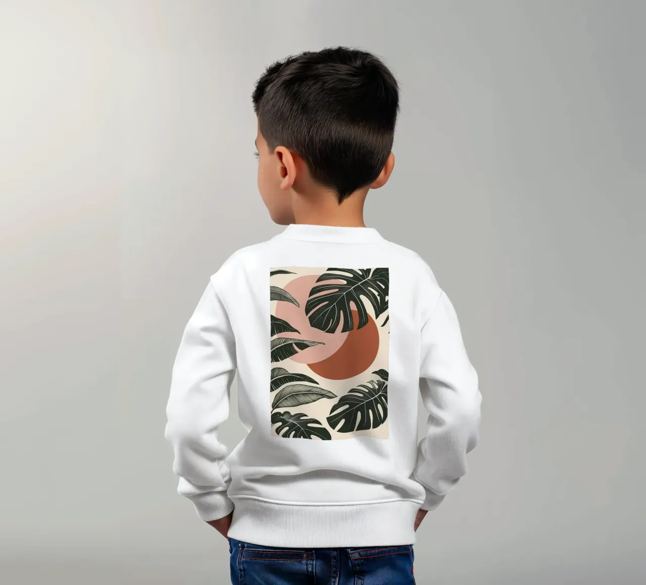 Foglie di Monstera tropicale con calde forme astratte di sole felpa bambino da Bloom And Brush