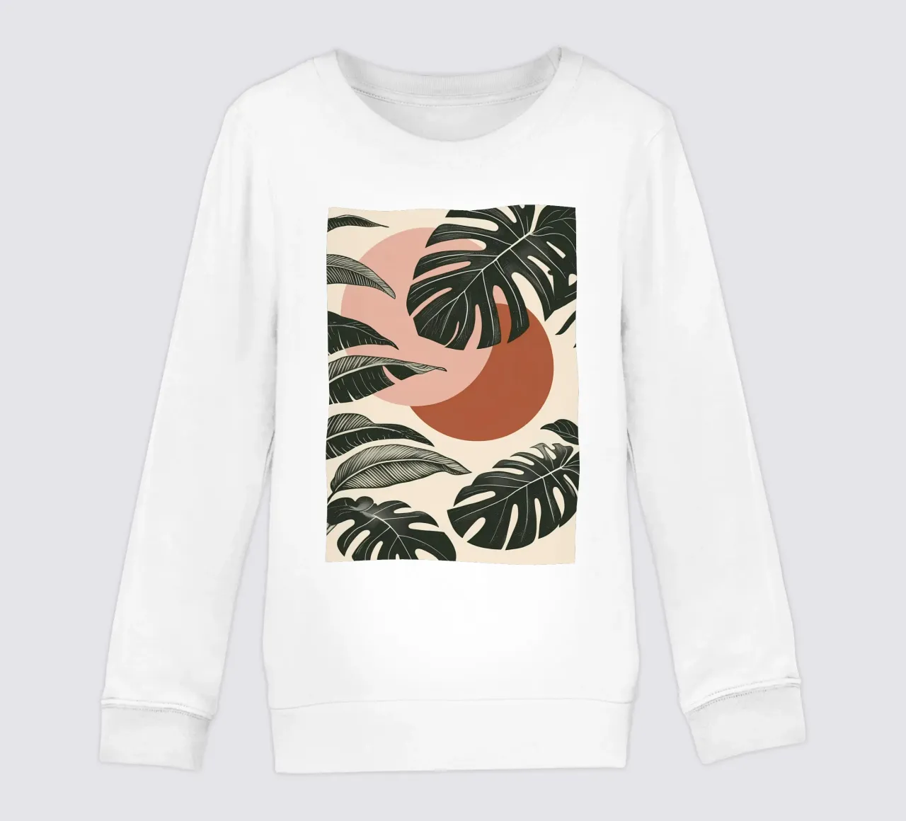 Foglie di Monstera tropicale con calde forme astratte di sole felpa bambino da Bloom And Brush