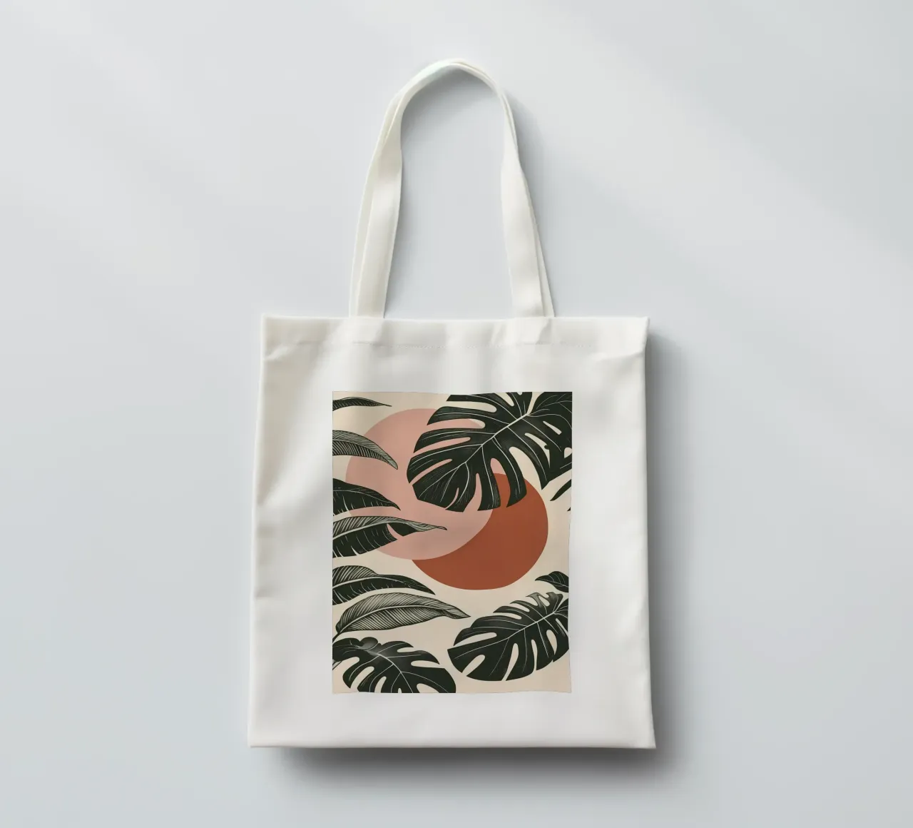 Foglie di Monstera tropicale con calde forme astratte di sole borsa in juta da Bloom And Brush