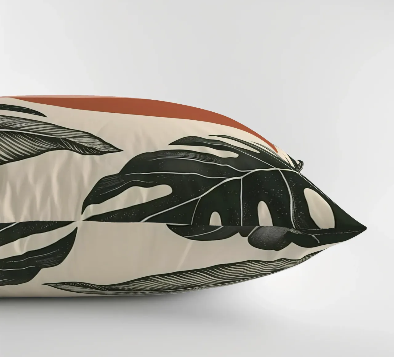 Foglie di Monstera tropicale con calde forme astratte di sole cuscino da Bloom And Brush