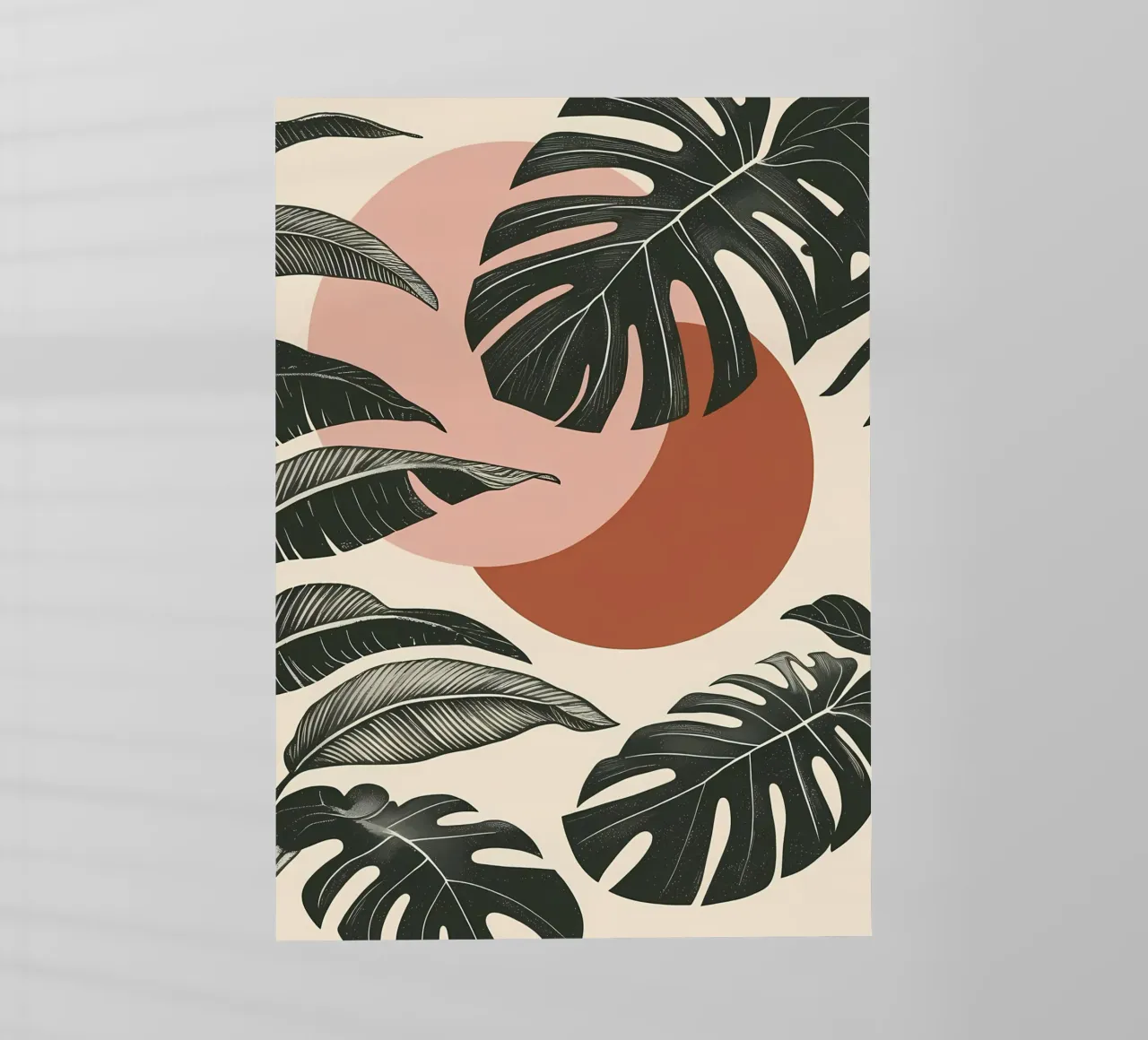 Foglie di Monstera tropicale con calde forme astratte di sole pellicola backlit da Bloom And Brush