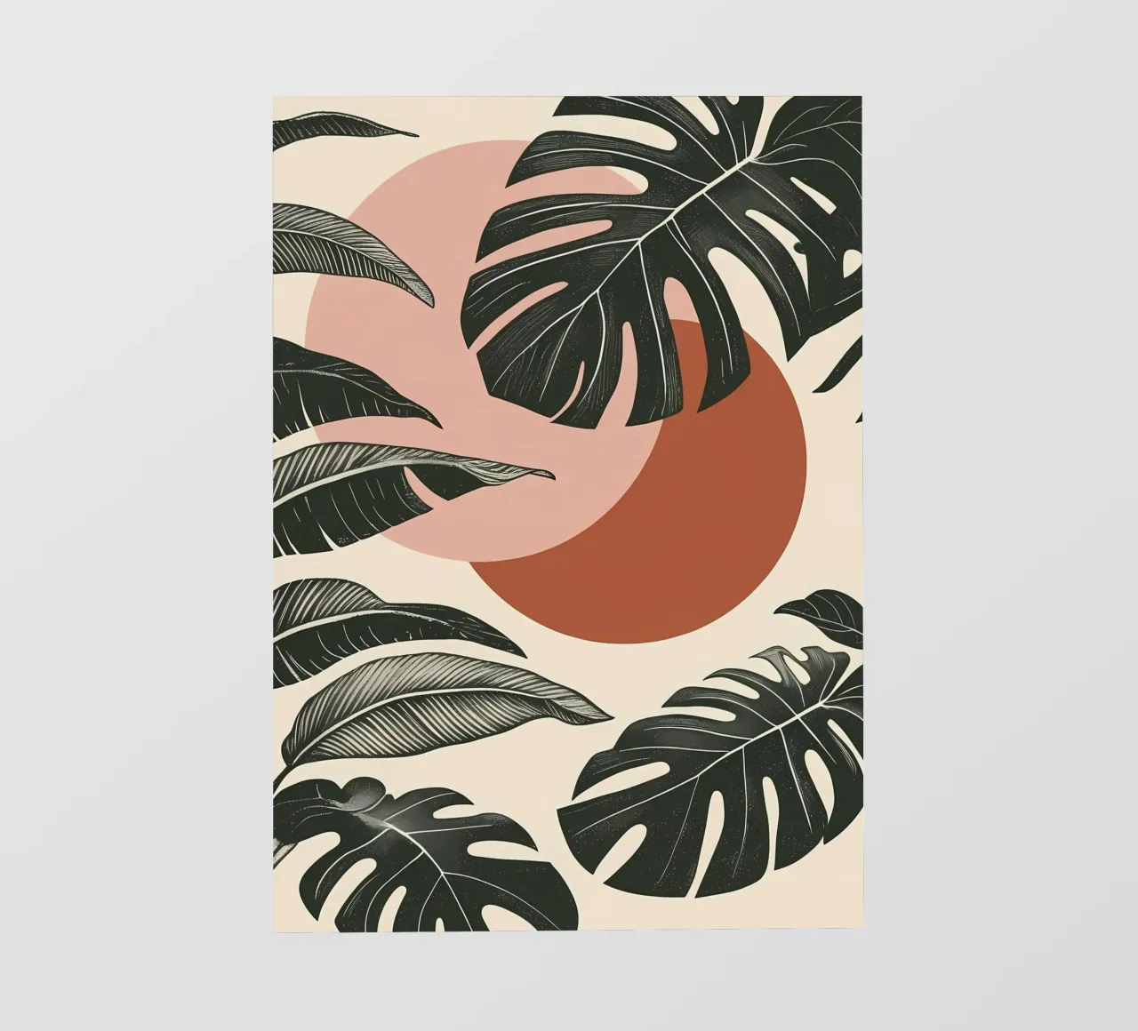 Foglie di Monstera tropicale con calde forme astratte di sole pellicola backlit da Bloom And Brush