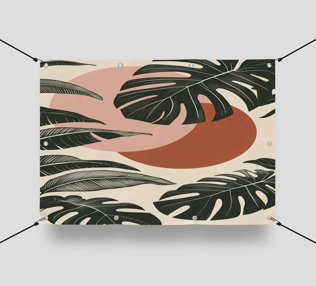Foglie di Monstera tropicale con calde forme astratte di sole telo in pvc da Bloom And Brush