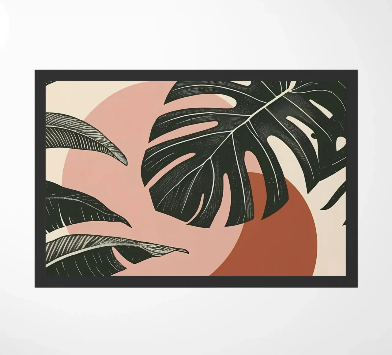 Foglie di Monstera tropicale con calde forme astratte di sole zerbino da Bloom And Brush