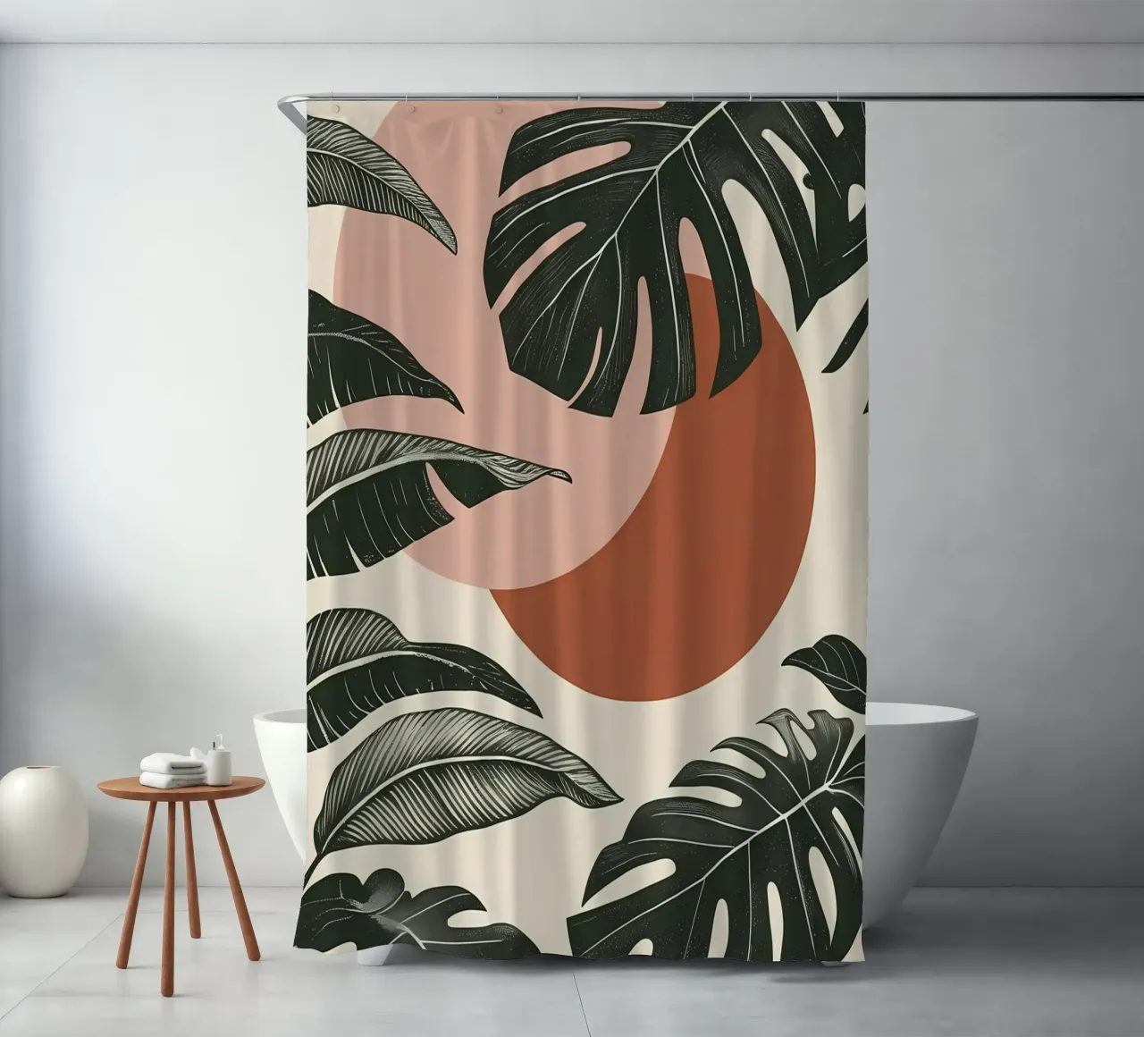 Foglie di Monstera tropicale con calde forme astratte di sole tenda da doccia da Bloom And Brush