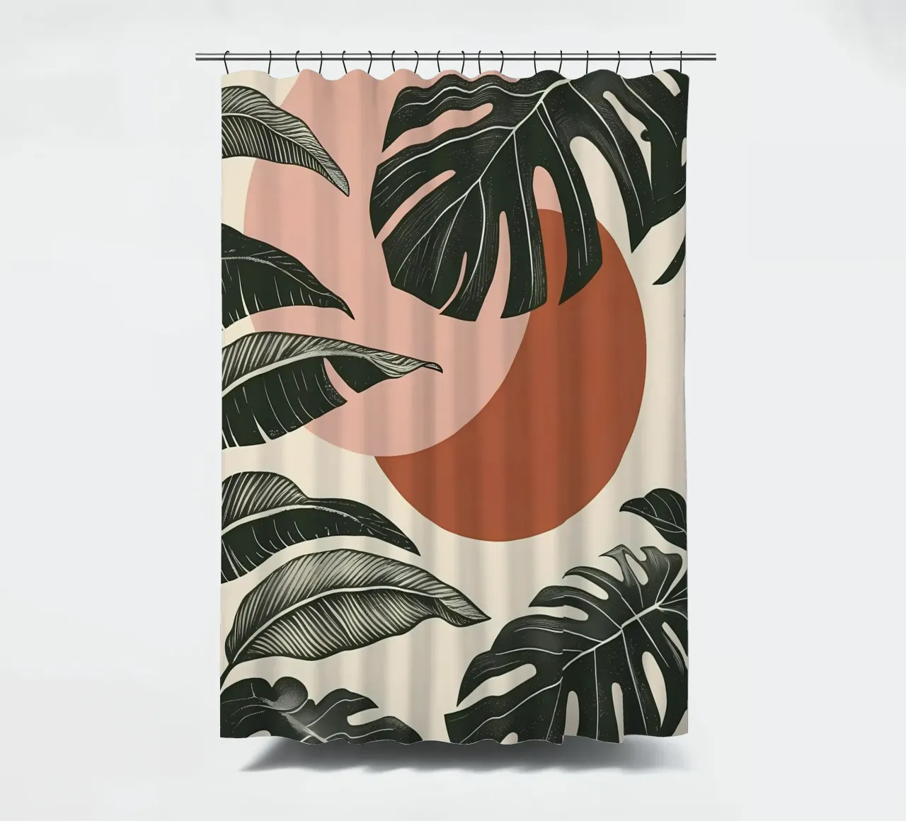 Foglie di Monstera tropicale con calde forme astratte di sole tenda da doccia da Bloom And Brush