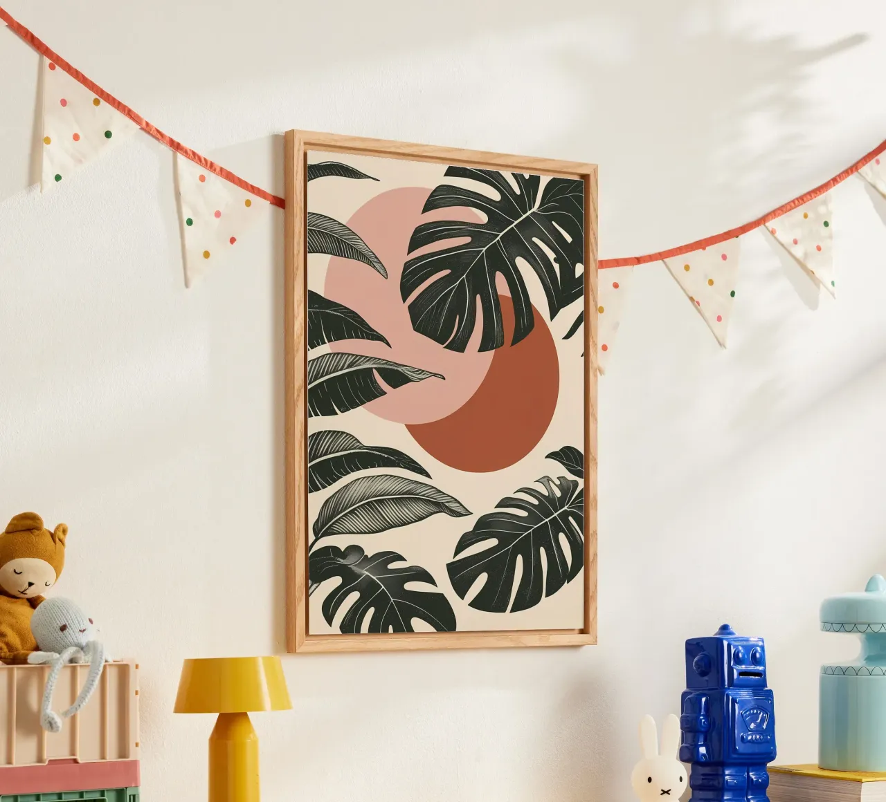 Foglie di Monstera tropicale con calde forme astratte di sole plexiglass da Bloom And Brush