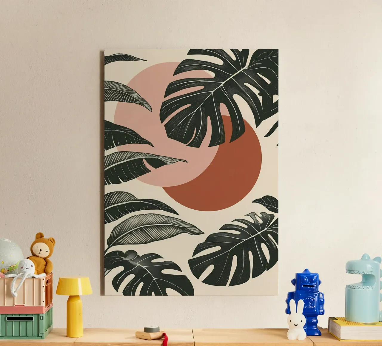 Foglie di Monstera tropicale con calde forme astratte di sole alluminio dibond da Bloom And Brush