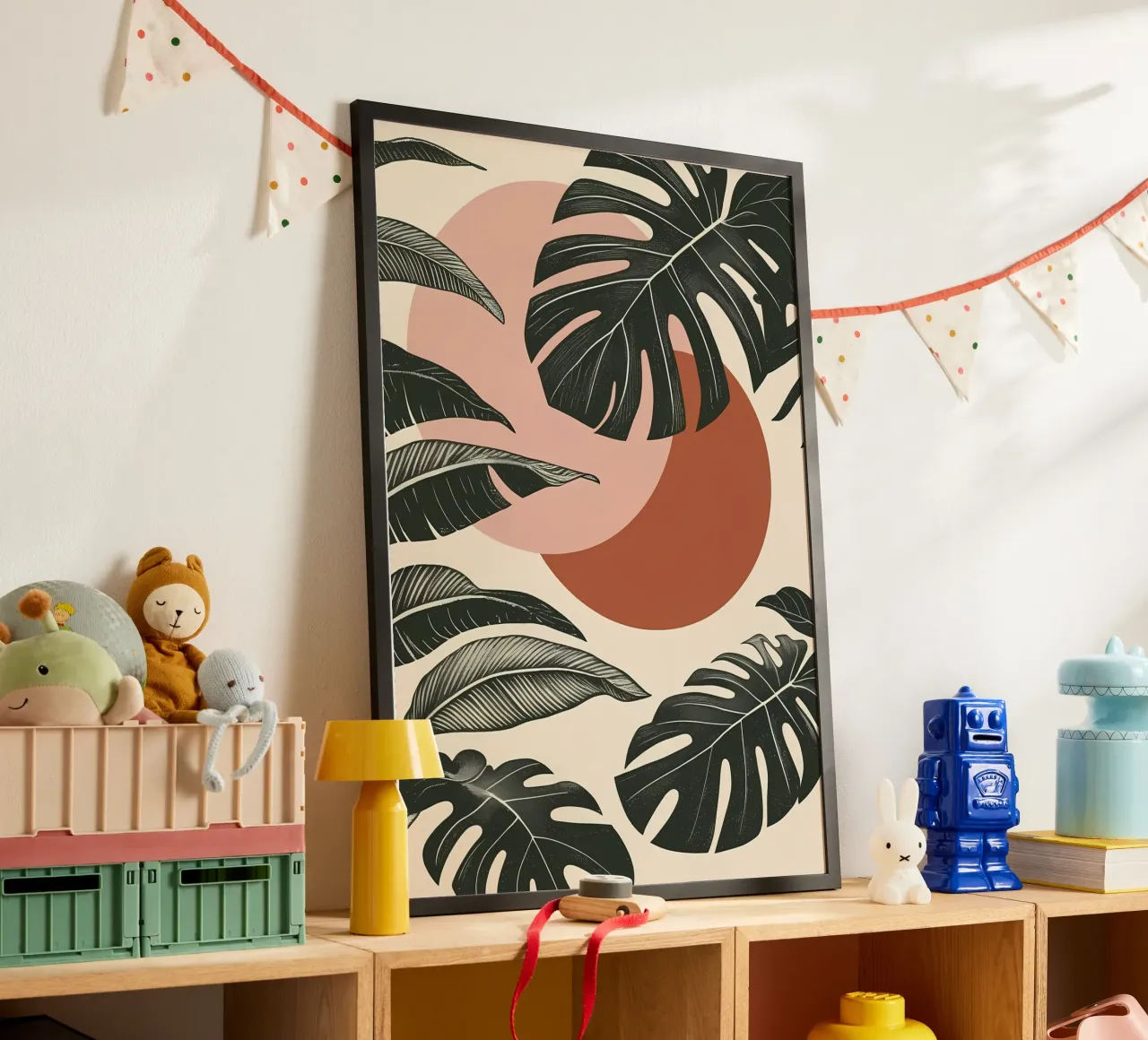 Foglie di Monstera tropicale con calde forme astratte di sole carta hahnemühle da Bloom And Brush