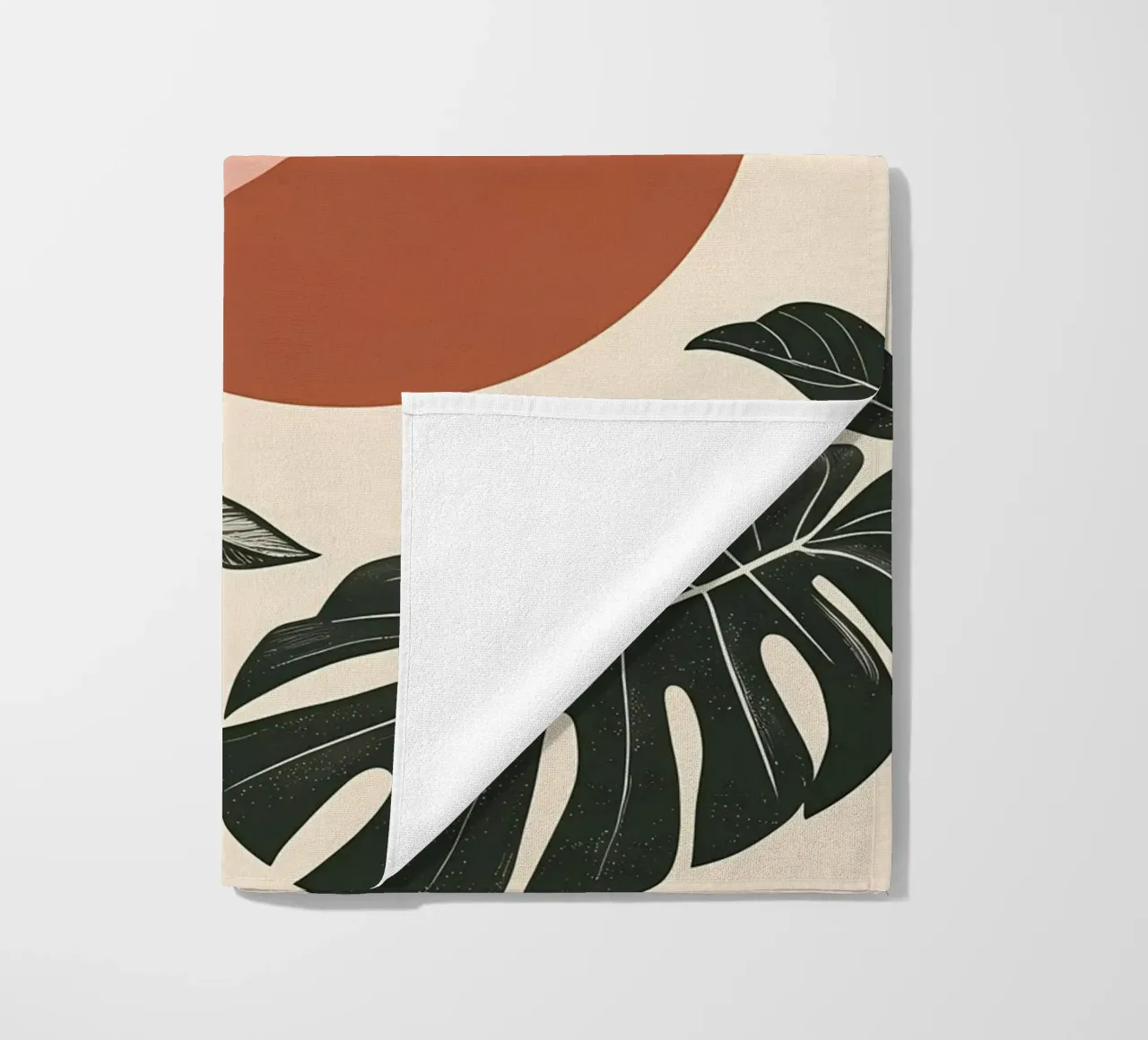 Foglie di Monstera tropicale con calde forme astratte di sole telo mare da Bloom And Brush