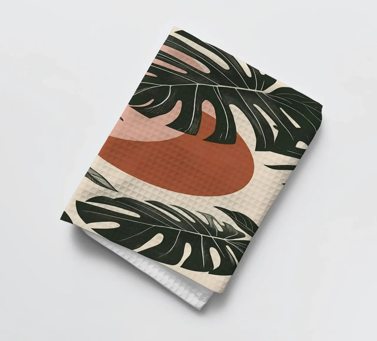 Foglie di Monstera tropicale con calde forme astratte di sole canovaccio da cucina da Bloom And Brush