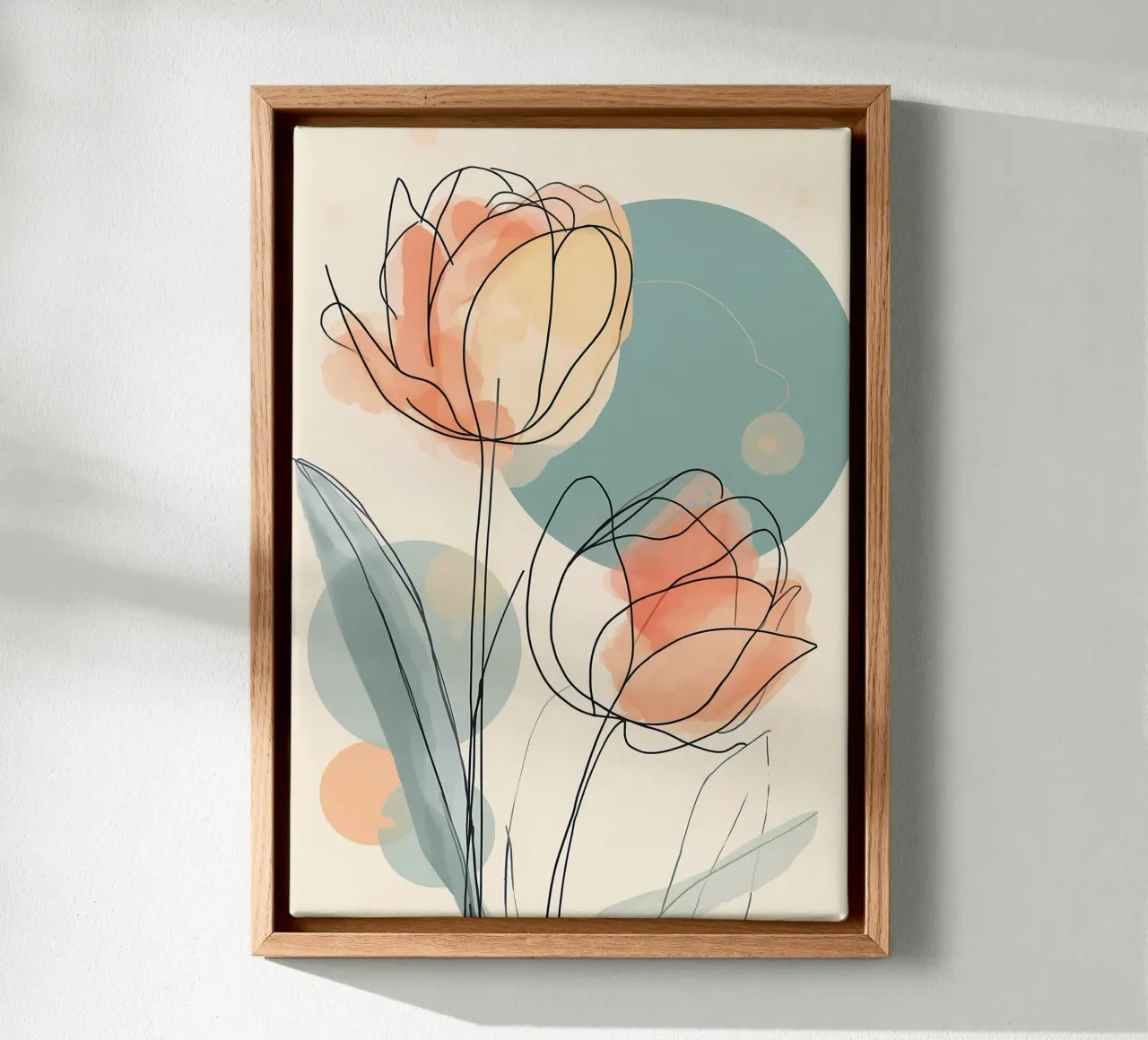 Abstract Tulip Line Art with Soft Peach and Teal Watercolor canvas by Bloom And Brush