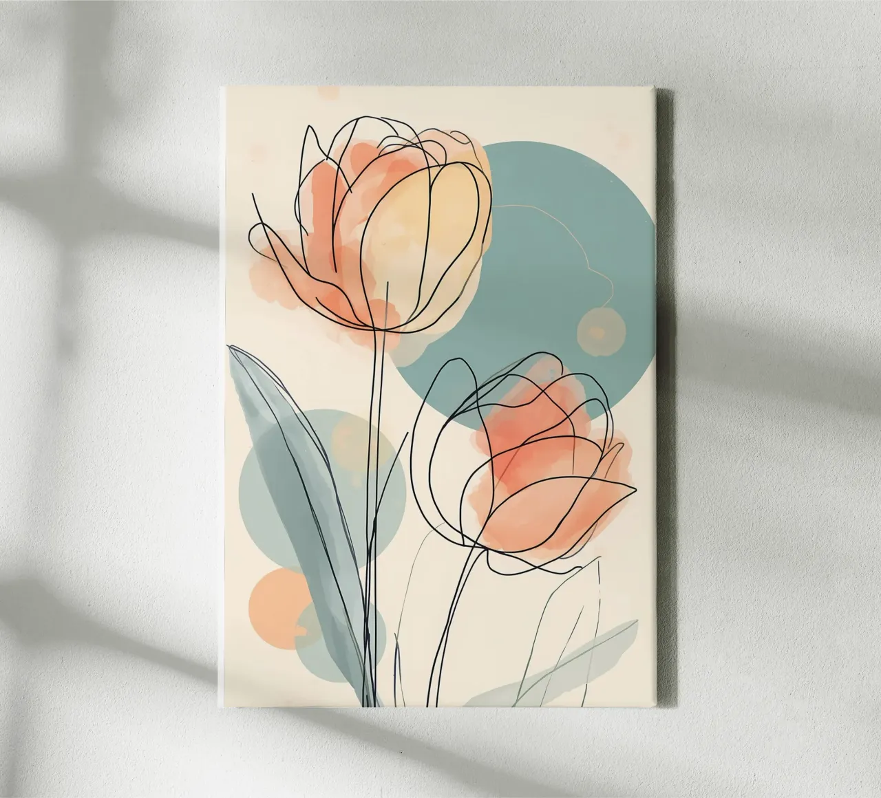 Abstract Tulip Line Art with Soft Peach and Teal Watercolor canvas by Bloom And Brush