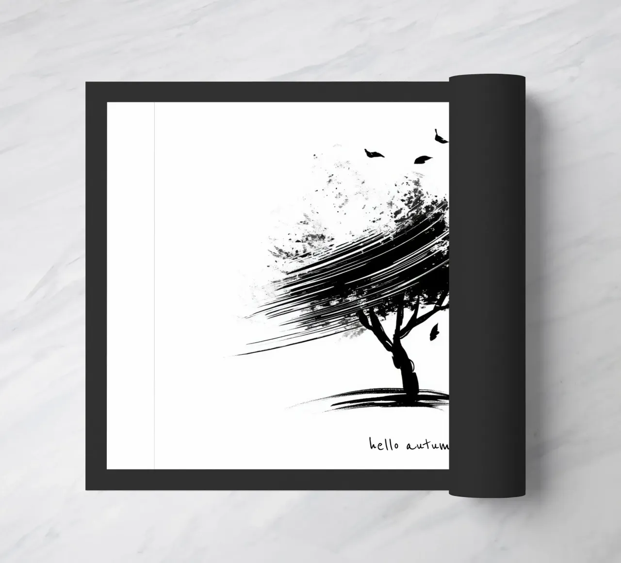 Bonjour l'automne - Arbre dessiné à la main en noir et blanc paillasson de Imaginative