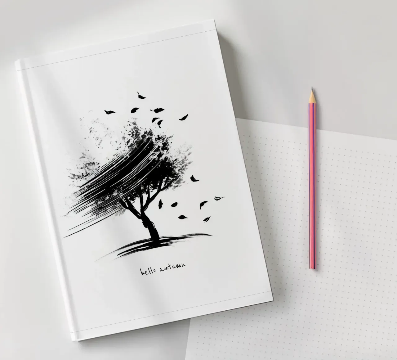Hello Autumn - Hand Drawn Tree in Black and White notebook by Imaginative