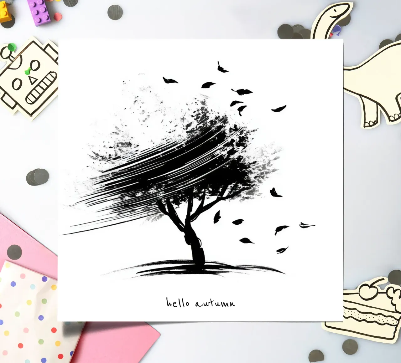 Ciao autunno - Albero disegnato a mano in bianco e nero foglio adesivo da Imaginative