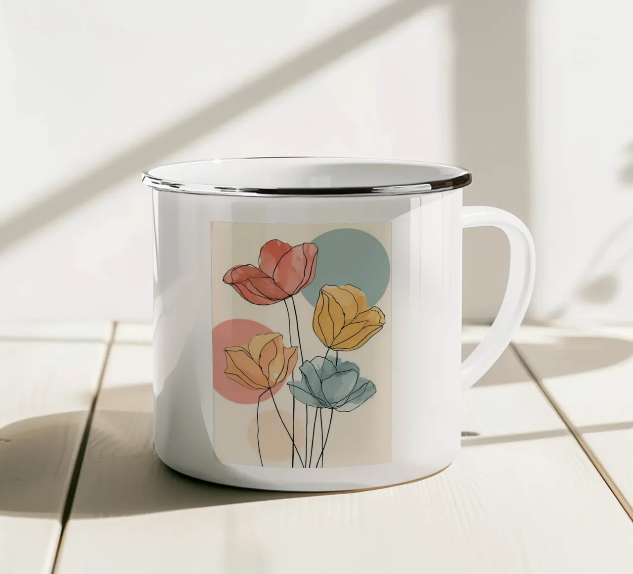 Illustrazione floreale moderna e minimalista in morbide tonalità pastello tazza in smalto da Bloom And Brush
