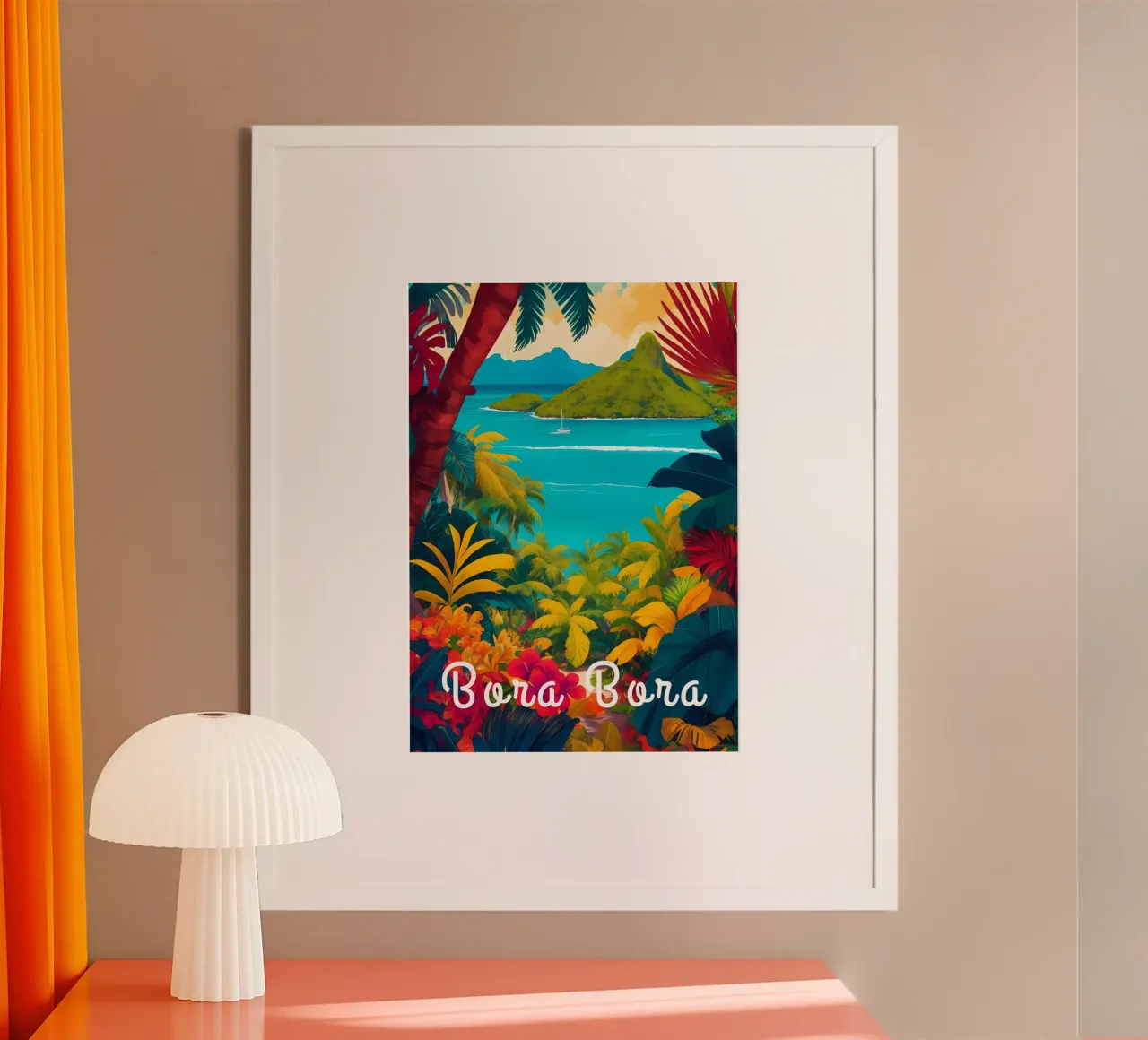 Bora Bora Sud Pacifico Scena tropicale poster con telaio in alluminio da Charnwood Prints