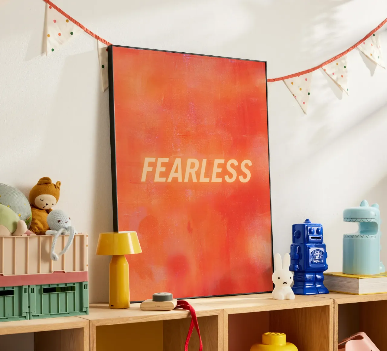 FEARLESS Orange Abstract Print - Orange Text Alu-Dibond von FABOArt