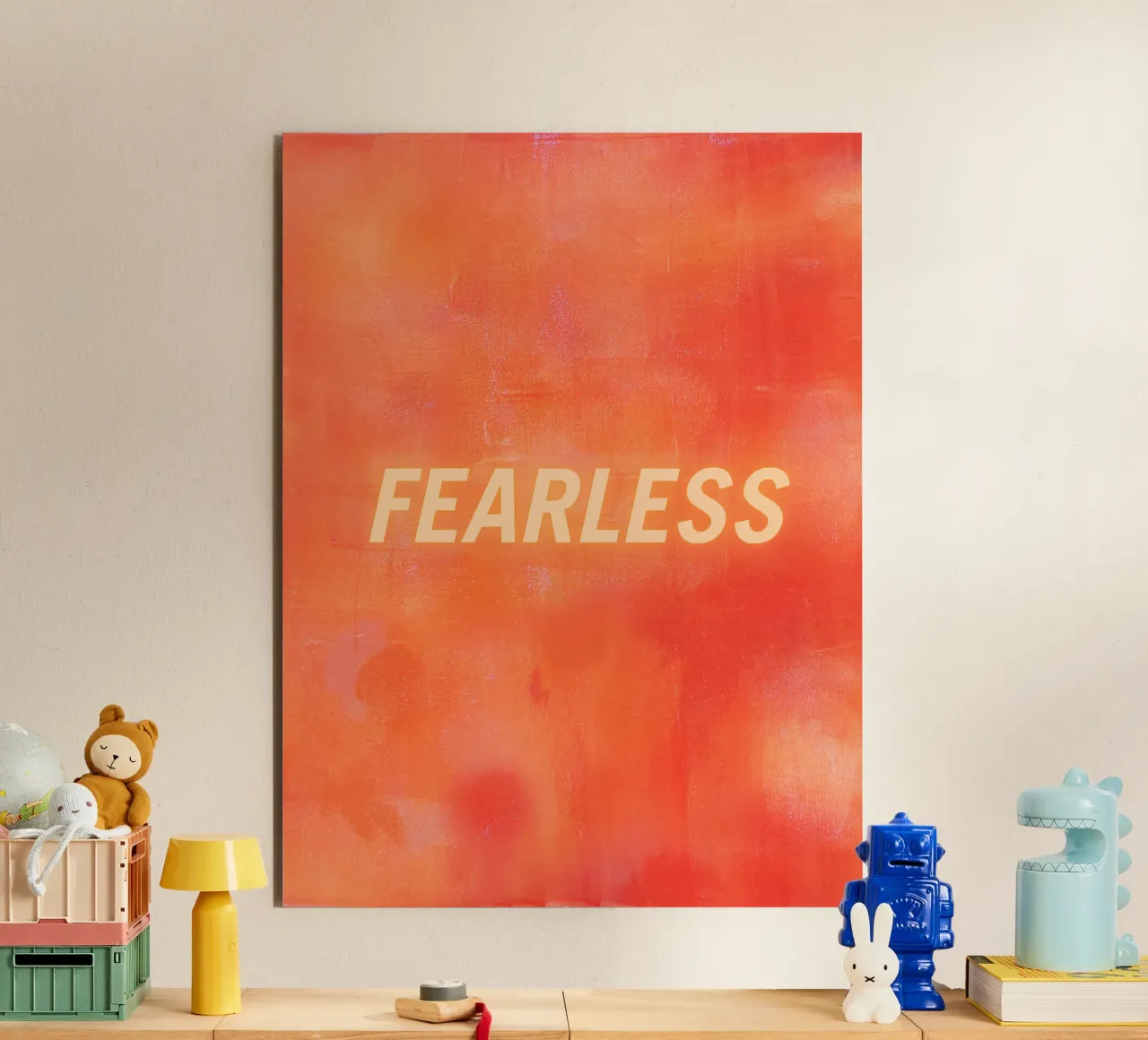 FEARLESS Orange Abstract Print - Orange Text Alu-Dibond von FABOArt