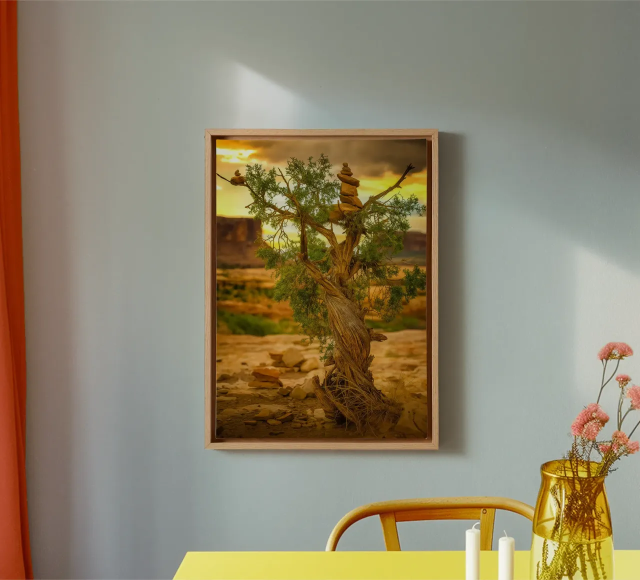 rock balancing on the tree canvas by tamarind