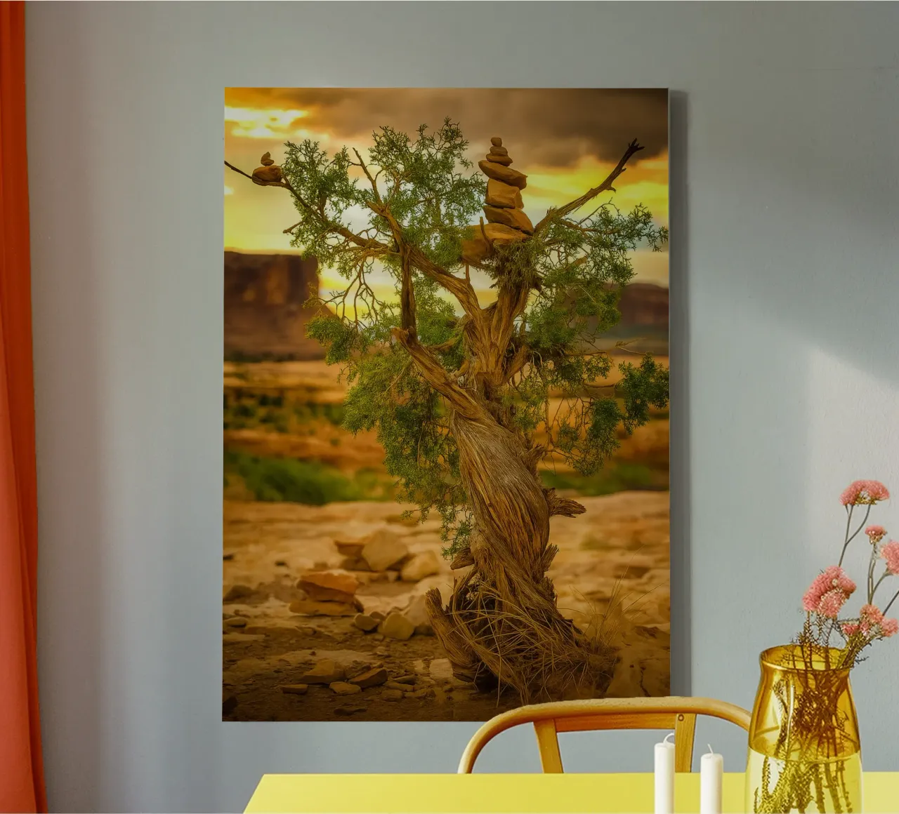 rock balancing on the tree canvas by tamarind