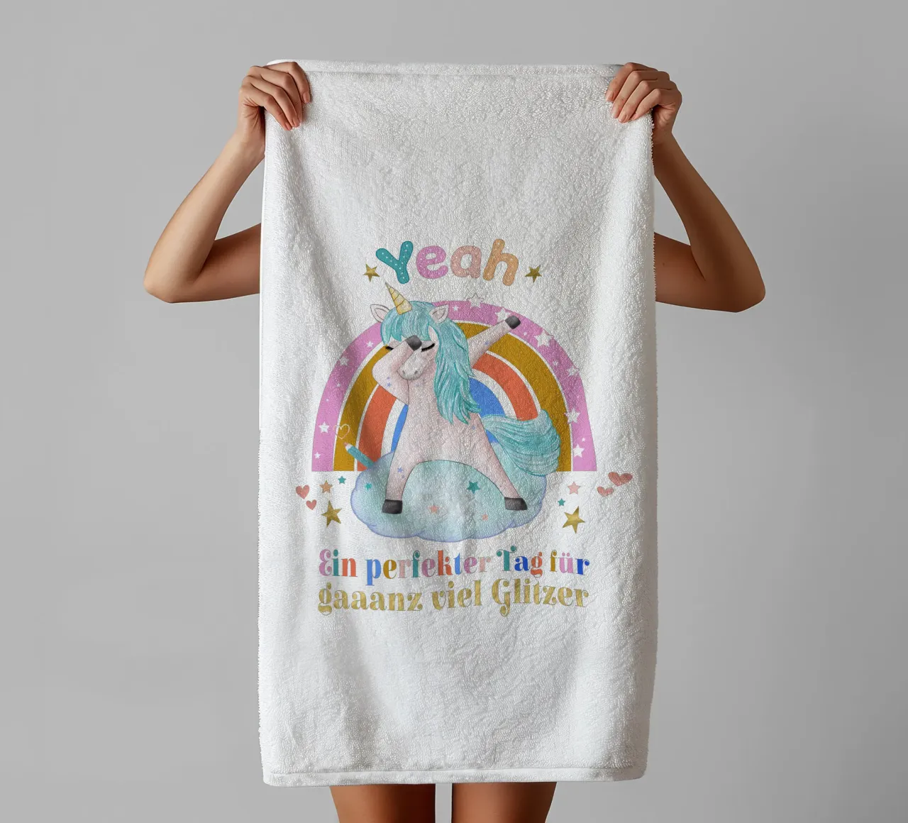 For unicorn fans: a perfect day for lots of glitter towel by CalliLetters