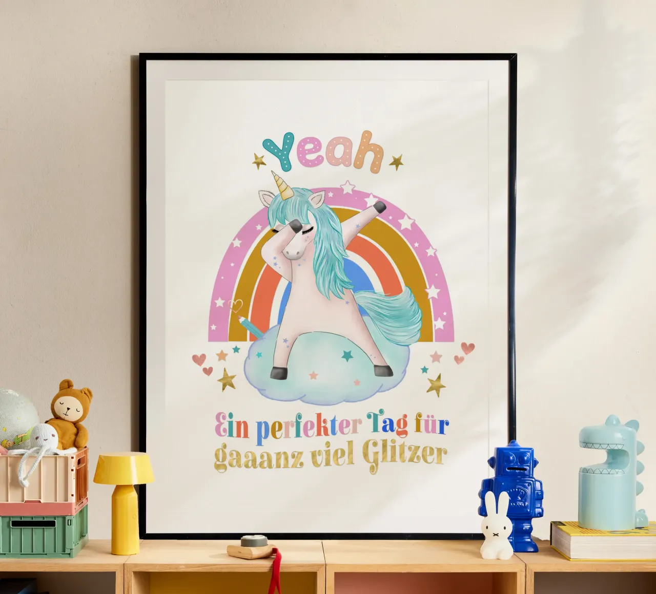 Per i fan degli unicorni: un giorno perfetto per tanti brillantini poster con telaio in plastica da CalliLetters