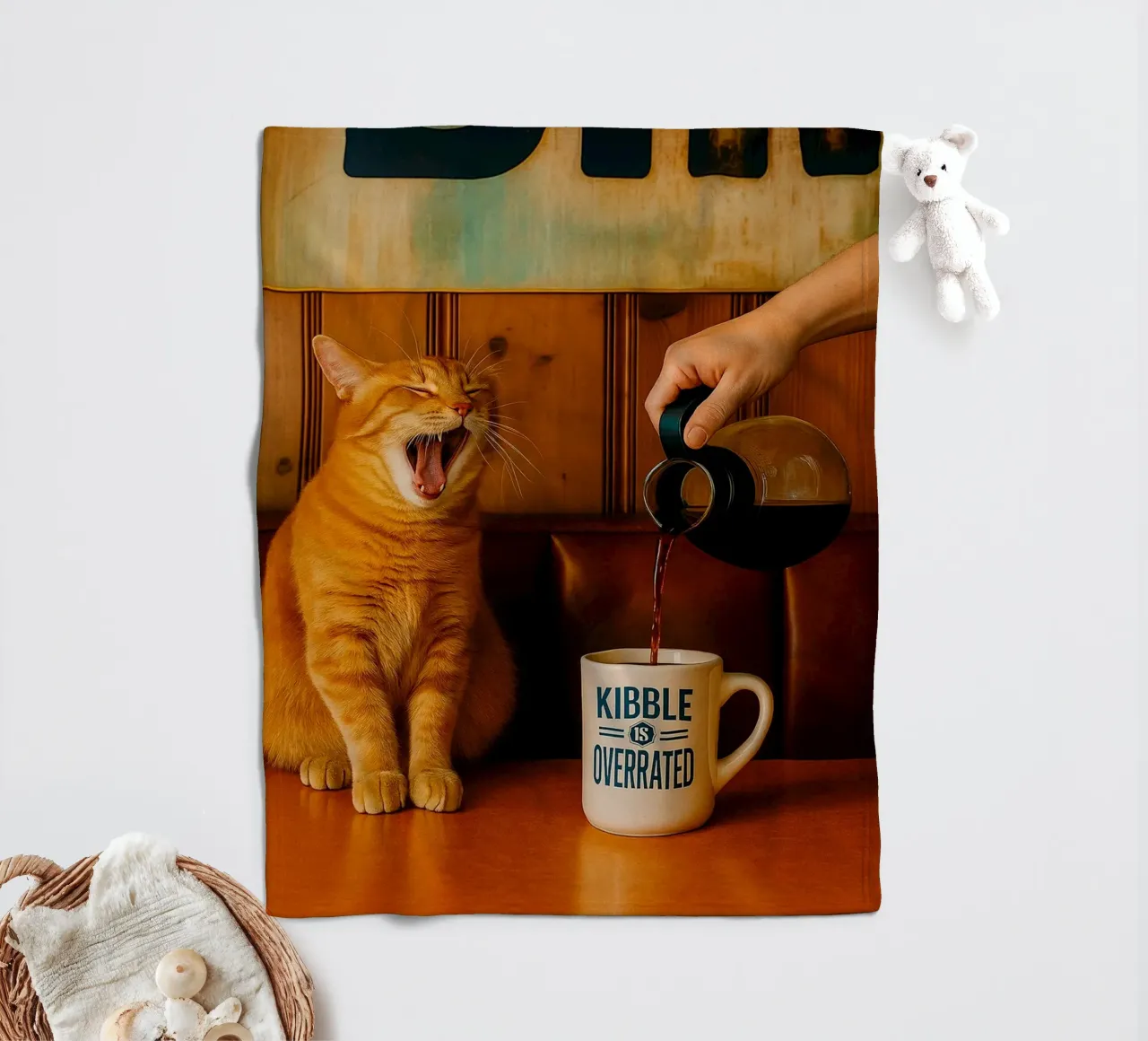 sbadiglio gatto e caffè coperta in pile da tamarind