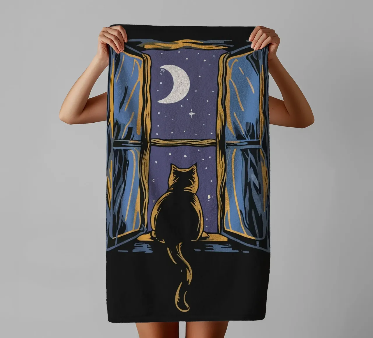 cat on window night asciugamano da bagno da scoten