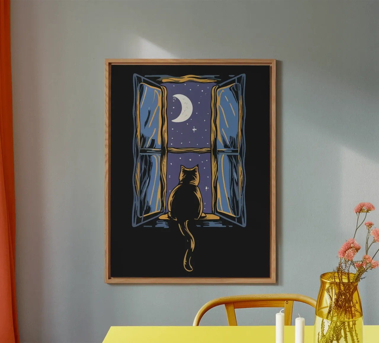 cat on window night alluminio dibond da scoten