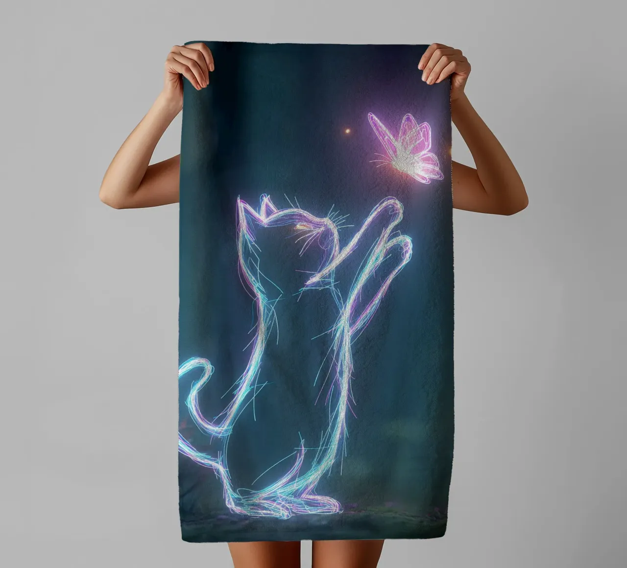 light cat and butterfly badhanddoek van scoten