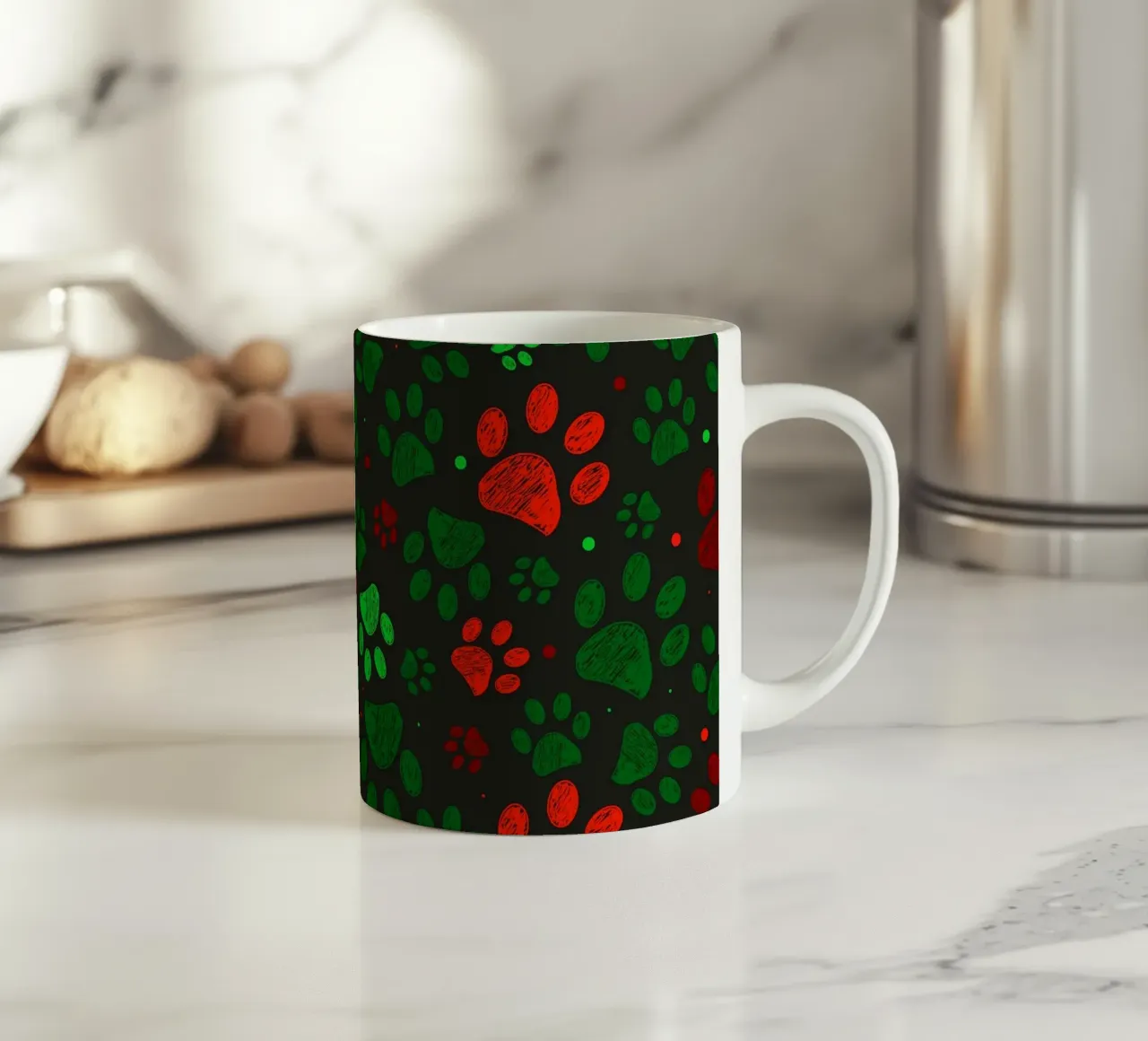 Groen, rood gekleurd kerstontwerp doodle paw prints keramische mok van GalerieGG