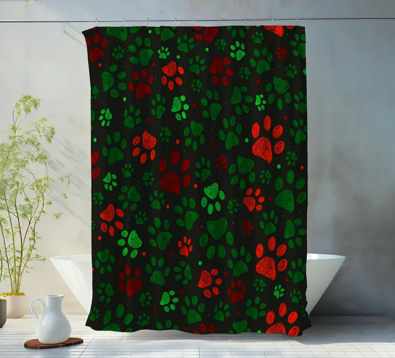 Groen, rood gekleurd kerstontwerp doodle paw prints douchegordijn van GalerieGG