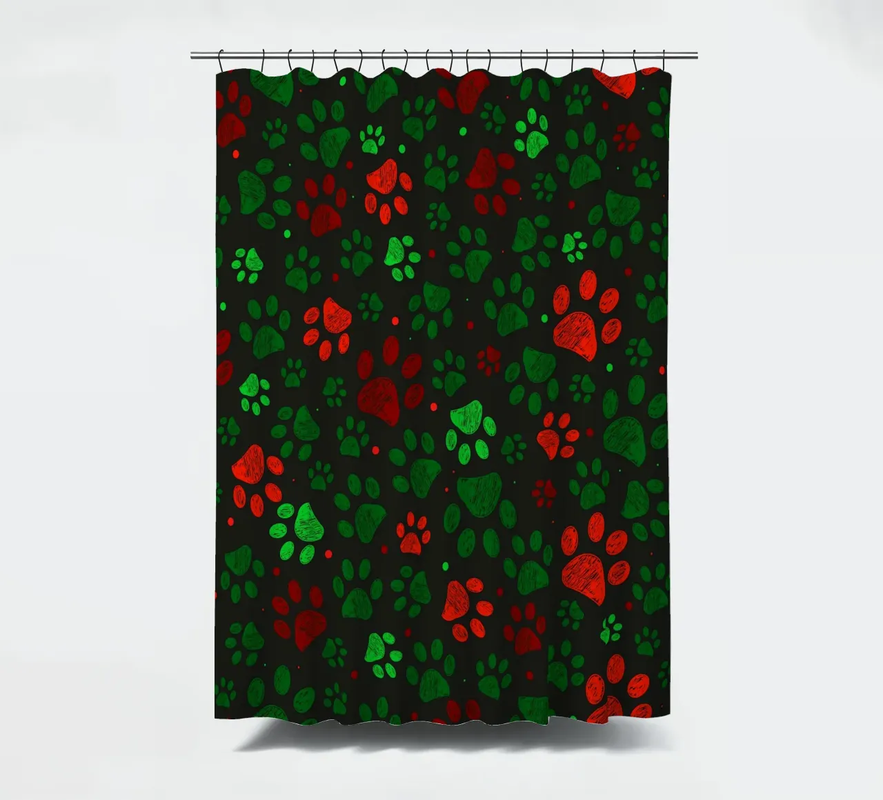 Groen, rood gekleurd kerstontwerp doodle paw prints douchegordijn van GalerieGG