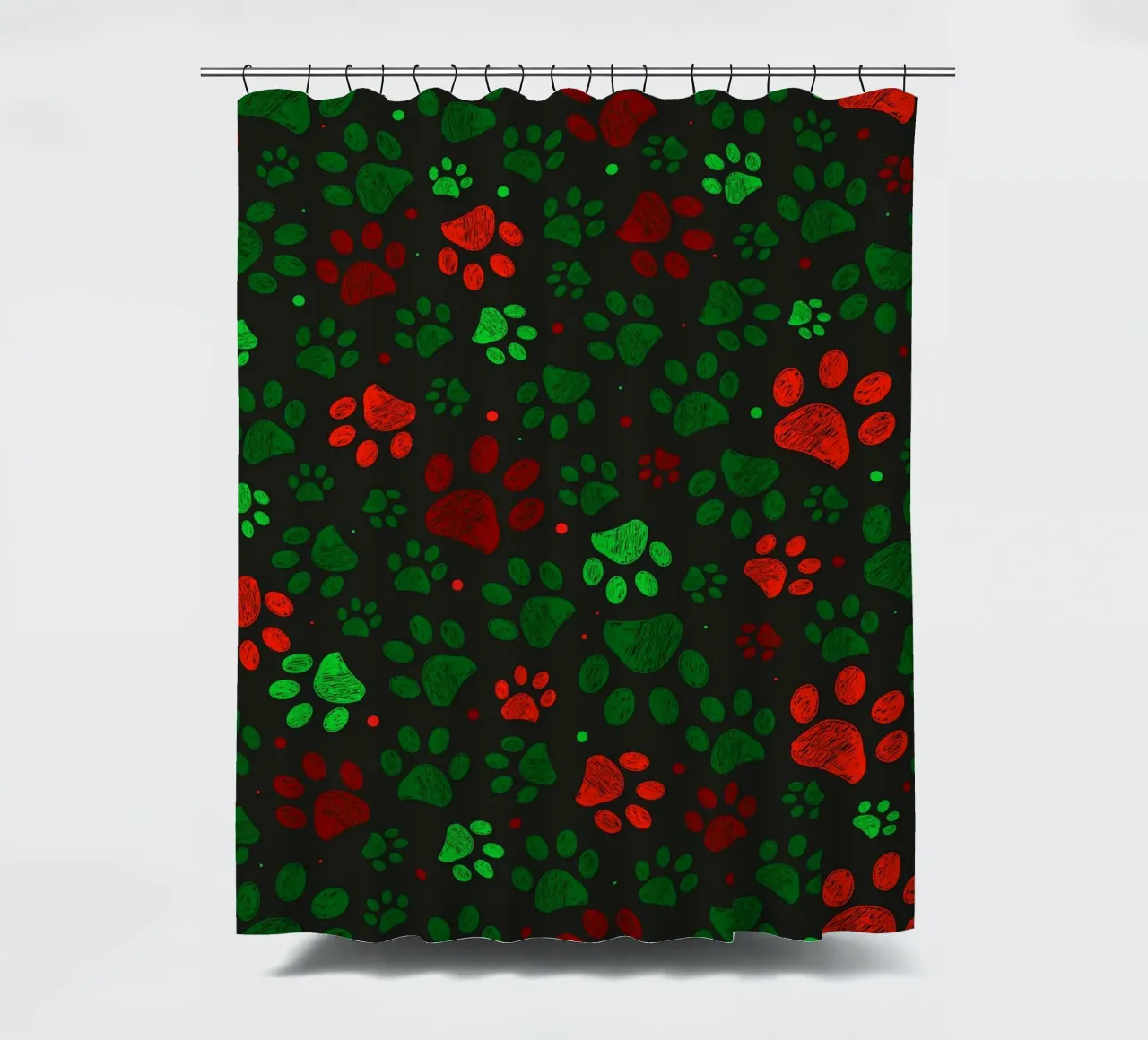 Groen, rood gekleurd kerstontwerp doodle paw prints douchegordijn van GalerieGG