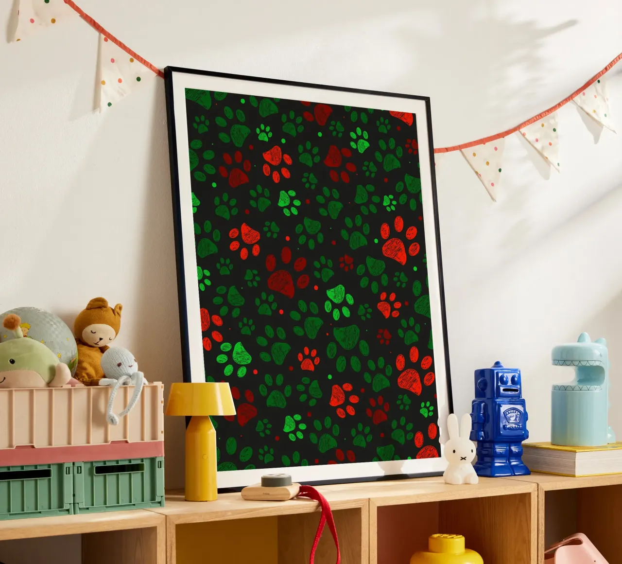 Groen, rood gekleurd kerstontwerp doodle paw prints hahnemühle van GalerieGG