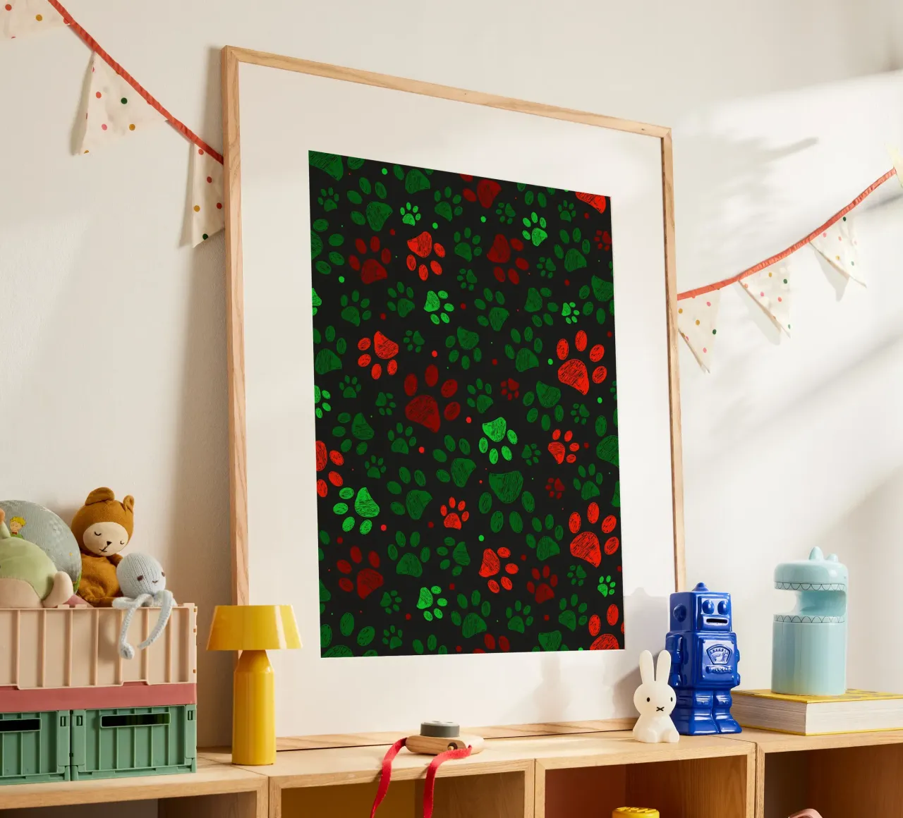 Groen, rood gekleurd kerstontwerp doodle paw prints hahnemühle van GalerieGG