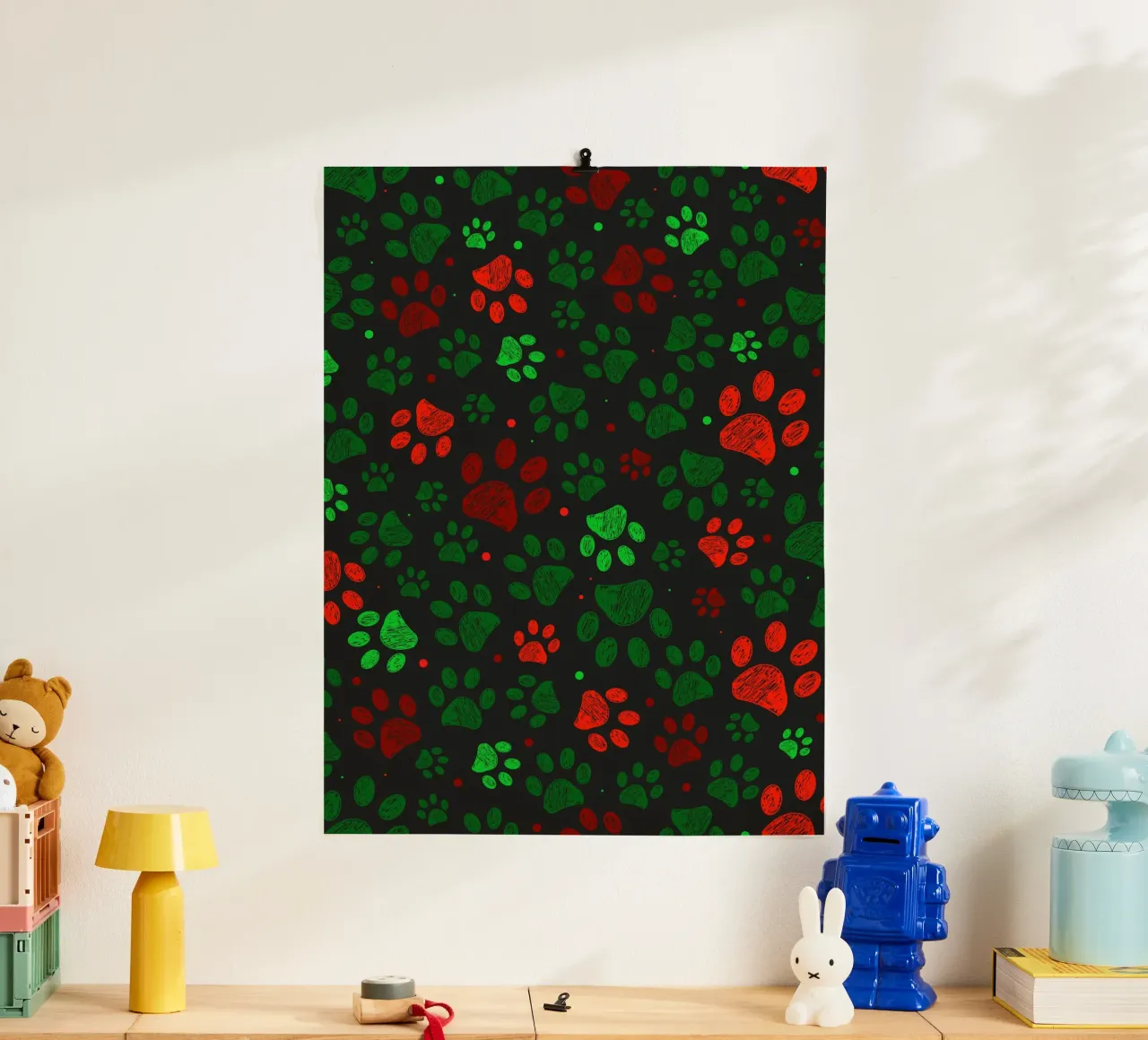 Groen, rood gekleurd kerstontwerp doodle paw prints hahnemühle van GalerieGG