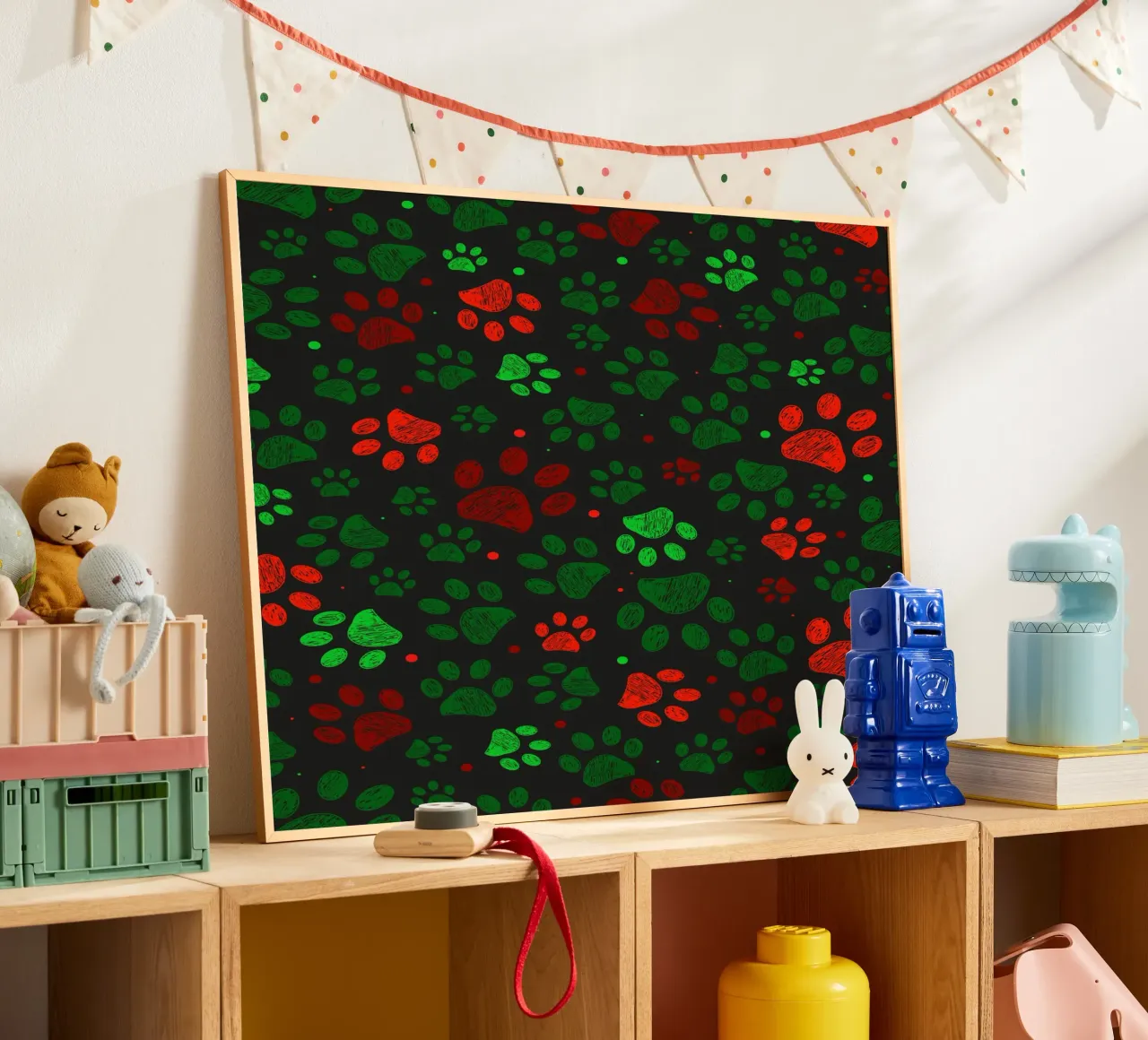 Groen, rood gekleurd kerstontwerp doodle paw prints hahnemühle van GalerieGG