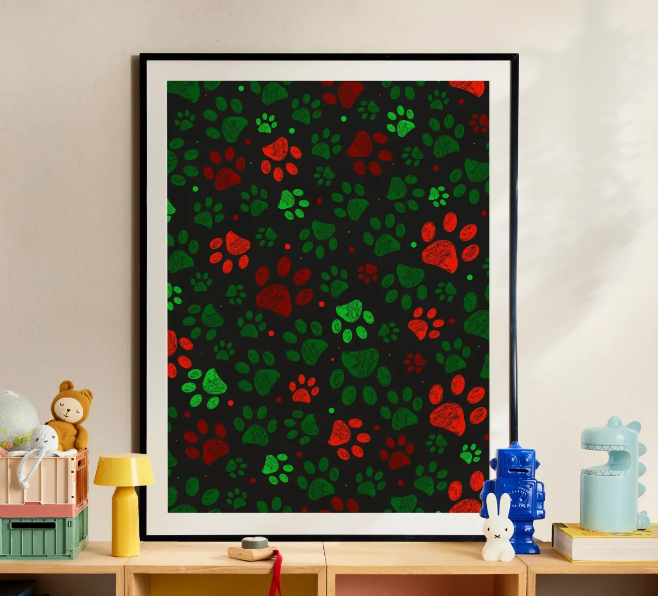 Groen, rood gekleurd kerstontwerp doodle paw prints hahnemühle van GalerieGG