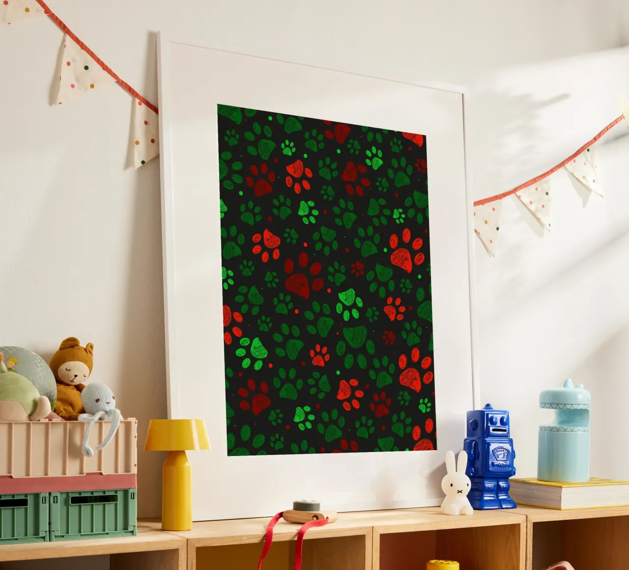 Groen, rood gekleurd kerstontwerp doodle paw prints hahnemühle van GalerieGG