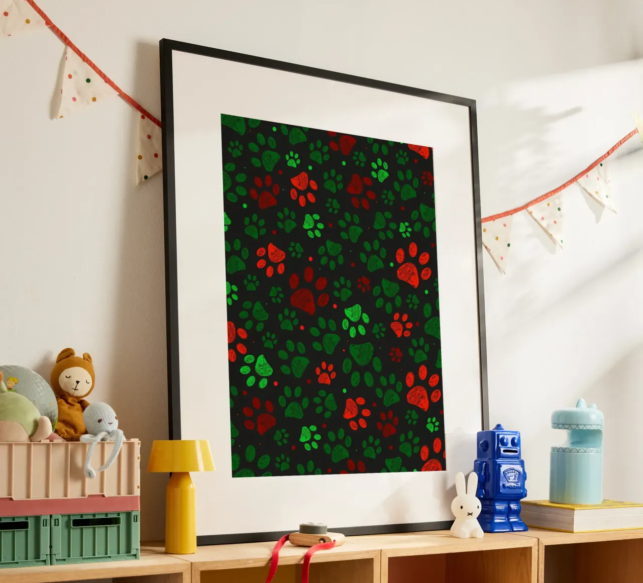 Groen, rood gekleurd kerstontwerp doodle paw prints hahnemühle van GalerieGG