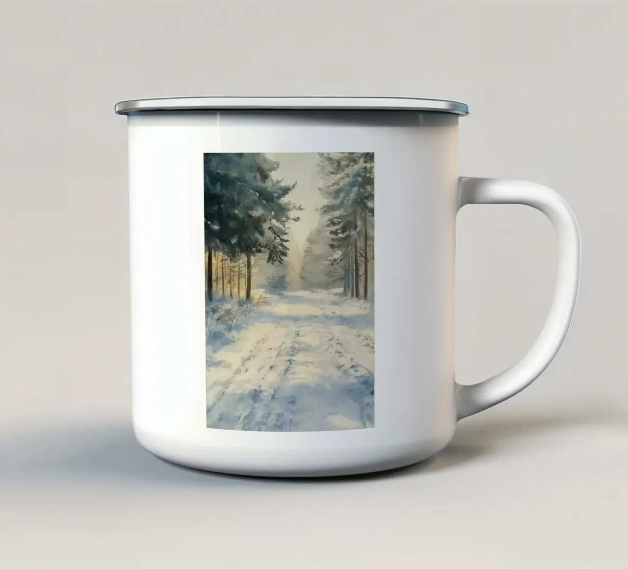 Mattina d'inverno in una foresta tranquilla - luce del sole tazza in smalto da Cozy Vibes