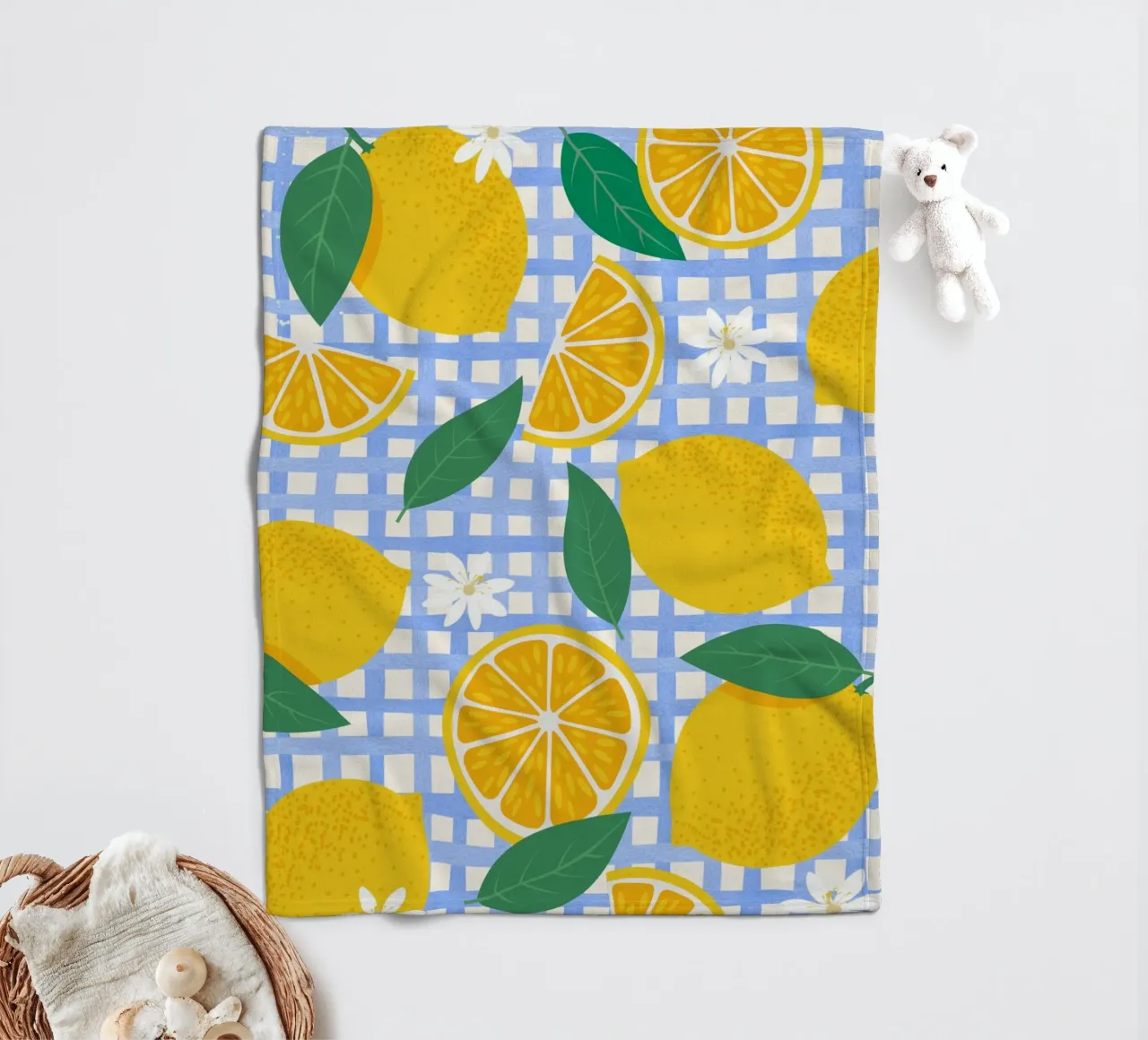 Bright Lemon & Orange Slice Pattern fleece blanket by The Art Club