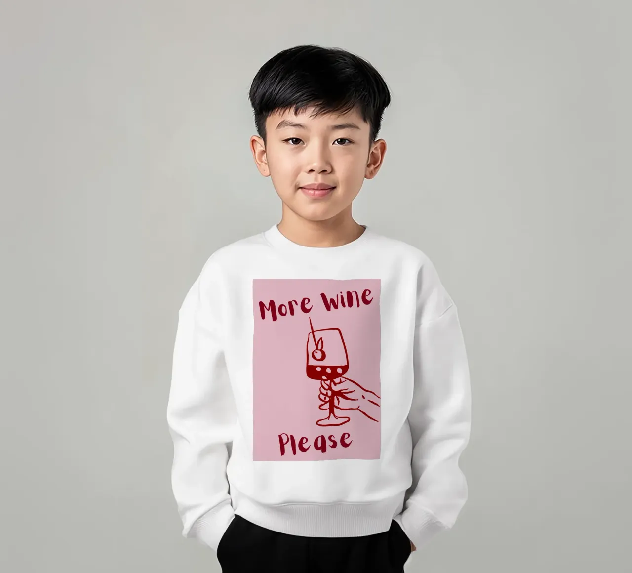 More Wine Please Illustrazione minimale in rosso e rosa felpa bambino da The Art Club