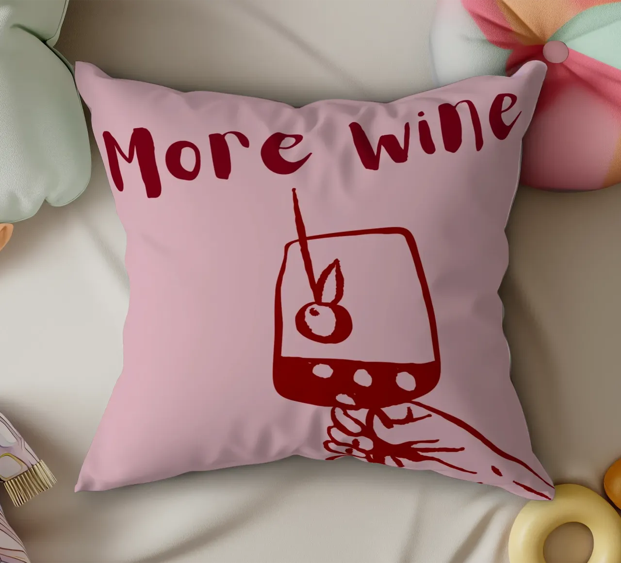 More Wine Please Illustrazione minimale in rosso e rosa cuscino da The Art Club